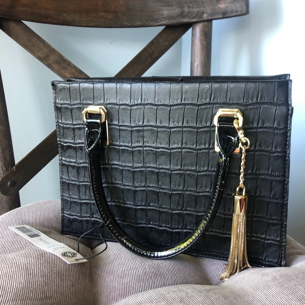 NEW! Classy Black Crocodile Bag with Gold Accents